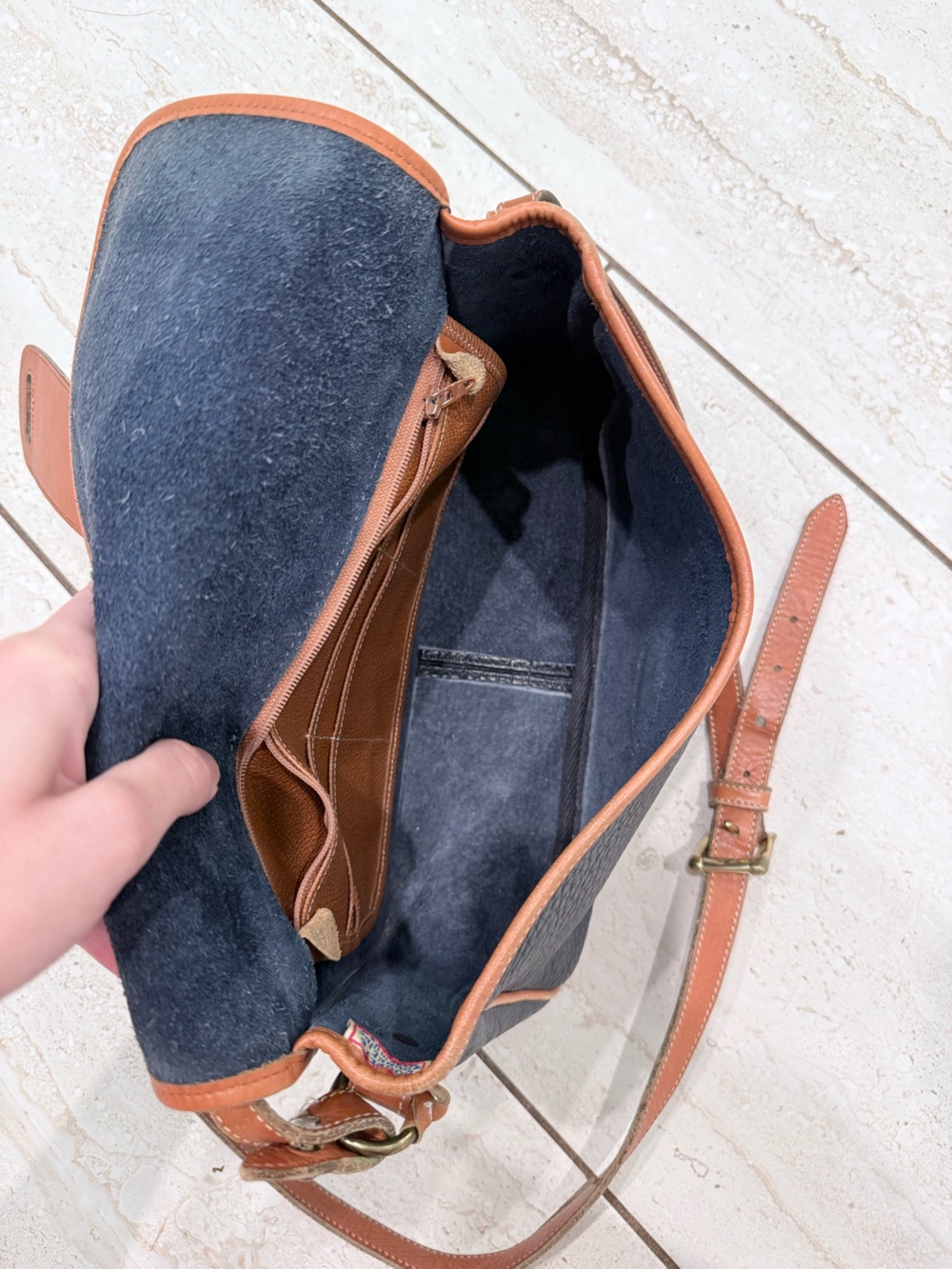 Dooney & Bourke Navy Pebbled Crossbody with Tan Trim - Picture 3 of 3